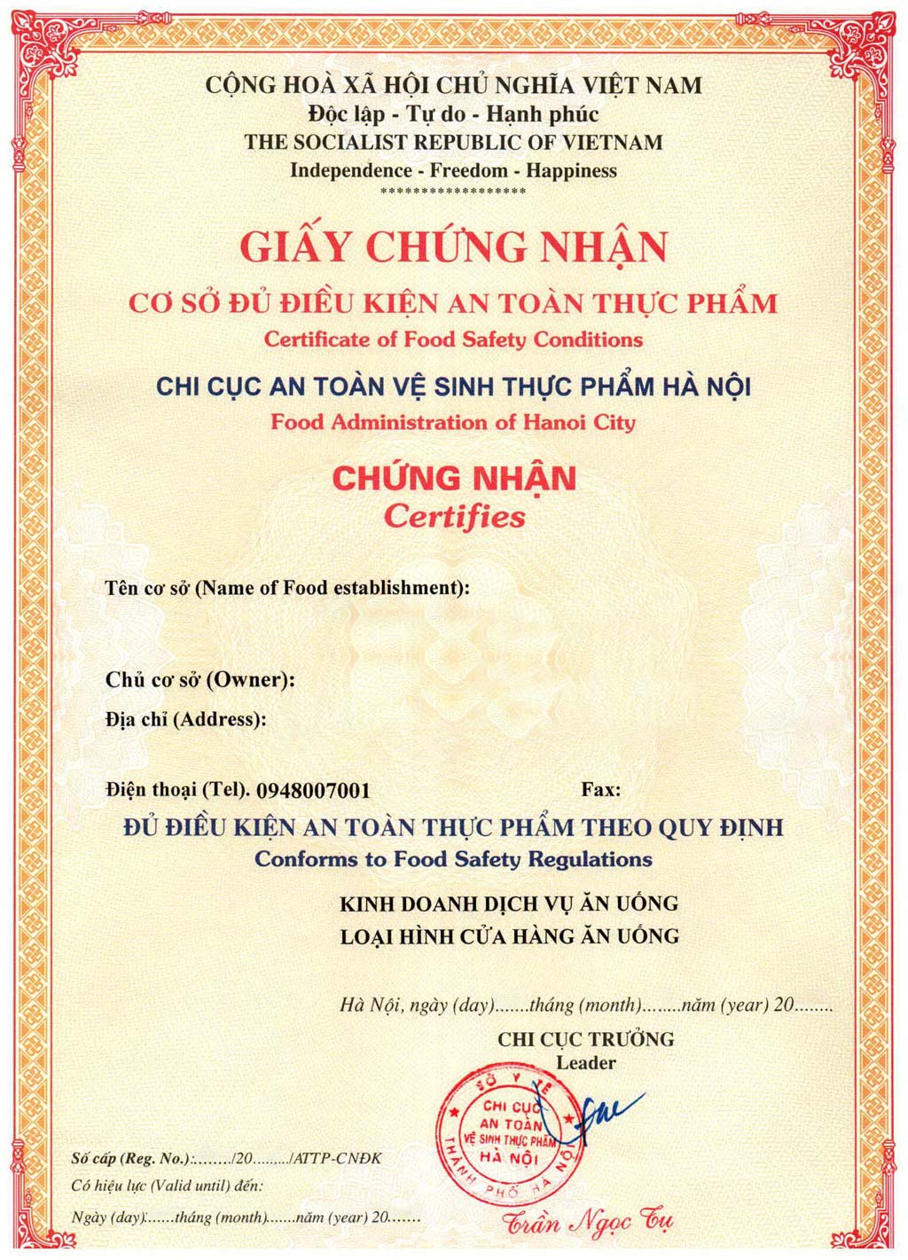 Giấy chứng nhận cơ sở đủ điều kiện an toàn thực phẩm