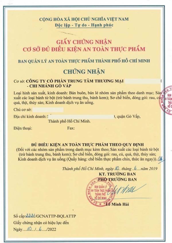 Giấy chứng nhận an toàn thực phẩm