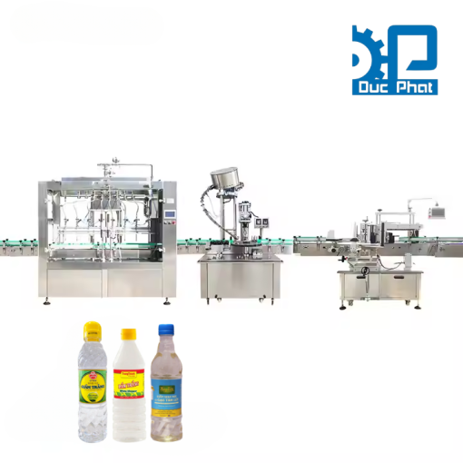 Máy chiết, dán, xoắn nắp chai giấm trắng