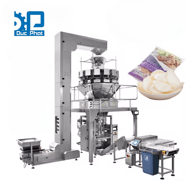 Máy đóng gói phồng tôm túi bụng cân Rotary cấp liệu tự động