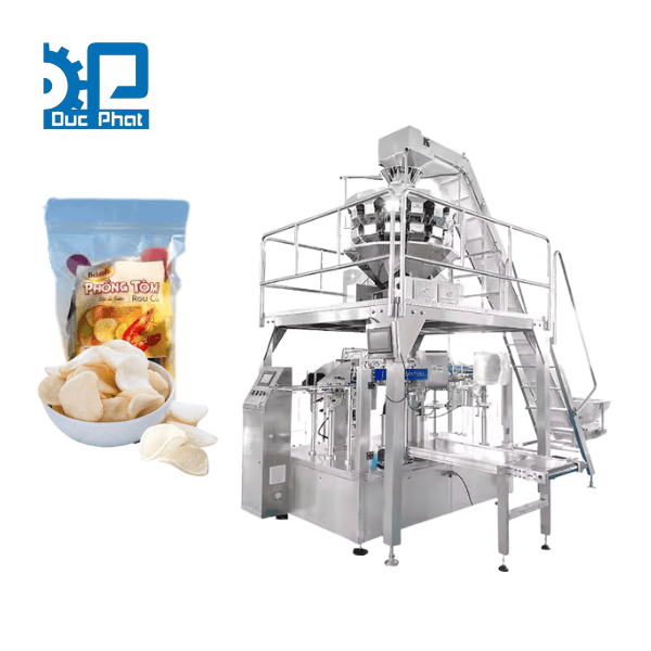 Máy đóng gói phồng tôm túi zip cân Rotary cấp liệu tự động