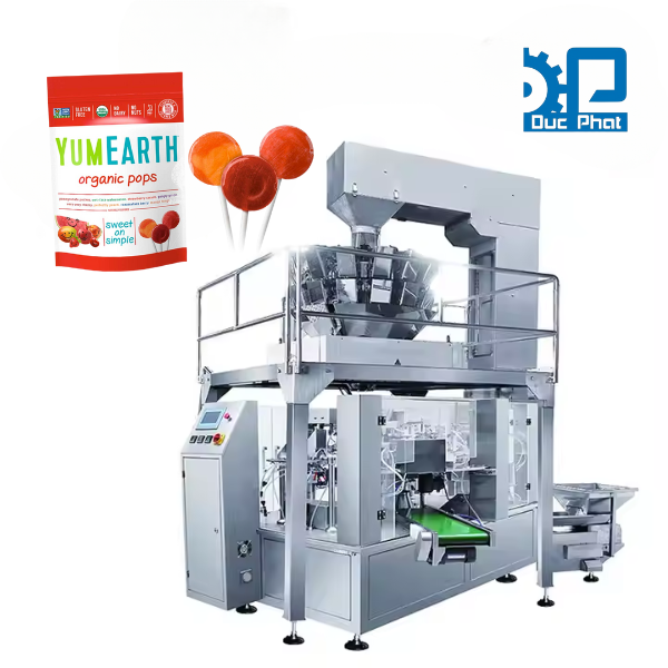 Máy đóng gói túi kẹo mút cân định lượng Rotary cấp liệu tự động